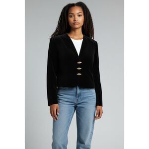 Vtg Black Velvet Cropped Blazer Gold Button Detail | 90s Gothic Glam USA Made 12